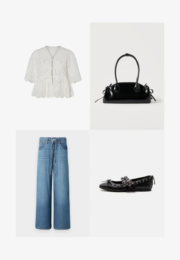 Hvid bluse med hulbroderi, puffede ærmer, bølget kant og tre bindebånd foran.; Bredde ben jeans i lys blå denim. Har en knappelukning med snor i taljen, fem lommer og en let falmet finish.; Sort flad balletsko med dobbelt spænde, sølvøjer og en lille sløjfe nær den runde tå på en hvid baggrund.; Lille sort blank håndtaske med to lange håndtag og snøre-detaljer i siden på en ensfarvet lys baggrund.