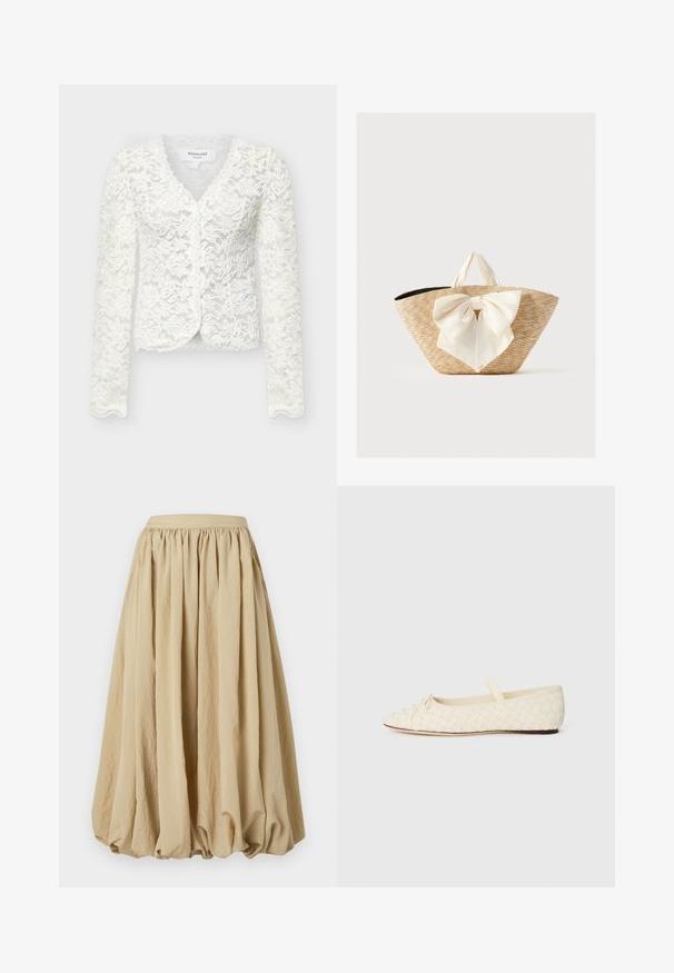 Witte lange mouwen kanten cardigan met bloemenpatroon, V-hals en gegolfde randen, gelabeld Rosemunde Copenhagen, maat small.; Beige midi-rok met een geplooid taillegedeelte, vloeiende stof en volumineuze vorm, met een gestructureerd oppervlak en subtiele kreukdetails.; Ballet flats van geweven crème materiaal, met een spitse neus, een klein strikje aan de voorkant en een bandje over de bovenkant. Platte zool.; Gevlochten strooien draagtas met crèmekleurige stoffen handvatten en een grote decoratieve crèmekleurige strik aan de voorkant, op een effen achtergrond.