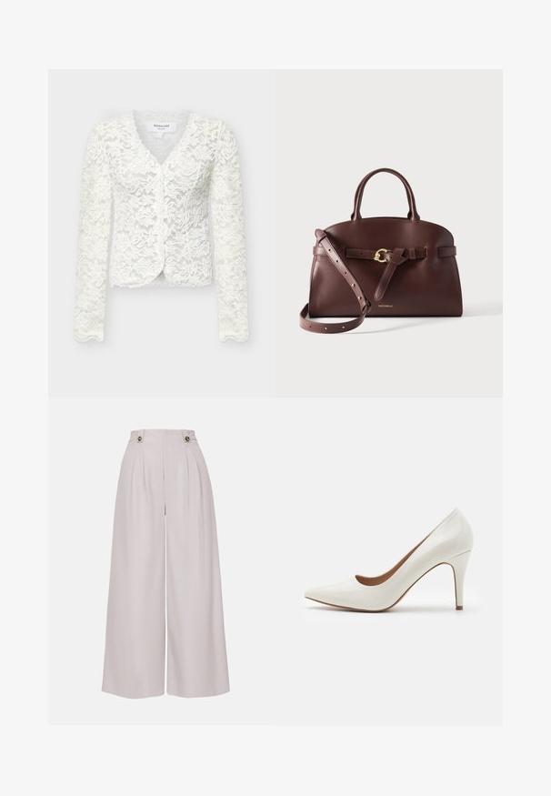 Cardigan blanco de manga larga de encaje con patrón floral, escote en V y bordes festoneados, con etiqueta Rosemunde Copenhagen, talla pequeña.; Pantalones de pierna ancha plisados en tela de color beige claro con una textura suave, que presentan dos botones en la cintura alta.; Zapato de tacón alto de charol blanco con punta afilada y superficie lisa, que presenta un tacón esbelto y un corte bajo alrededor de la abertura.; Bolso de mano de cuero marrón oscuro con asas superiores, correa de hombro ajustable y detalle de hebilla dorada en el cinturón delantero.