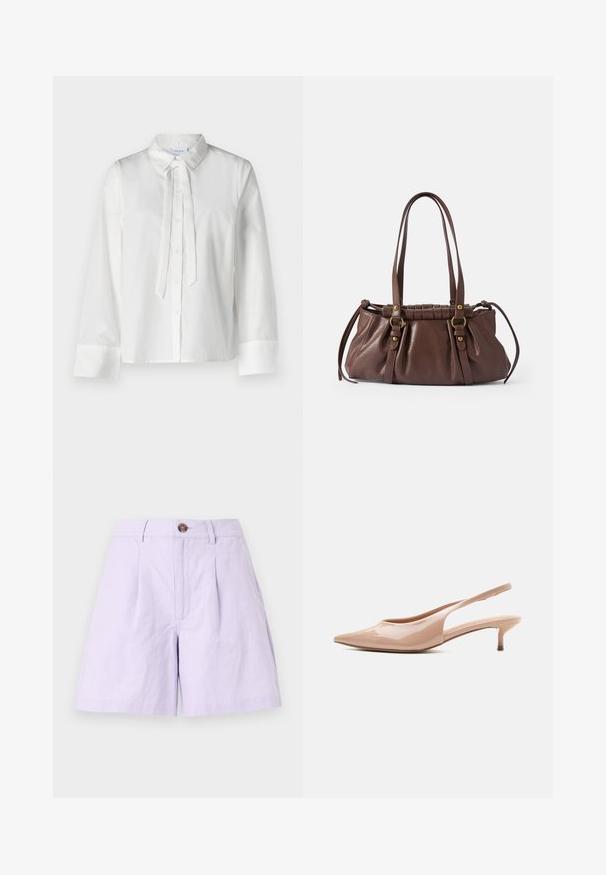 Witte blouse met lange mouwen, een kraag, sluiting met knopen aan de voorkant en een strikdetail bij de halslijn. Glad materiaal en cropped ontwerp.; Lila shorts van lichtgewicht stof met een geplooide voorkant, een knoopsluiting, riemlussen en zijzakken. Schone randen en een klassiek ontwerp.; Beige lakleren slingback schoen met puntige neus en lage kittenhak, in profiel afgebeeld tegen een witte achtergrond.; Bruine leren handtas met twee lange handvatten,Gathered ontwerp, gouden hardware accenten en een gestructureerde afwerking.