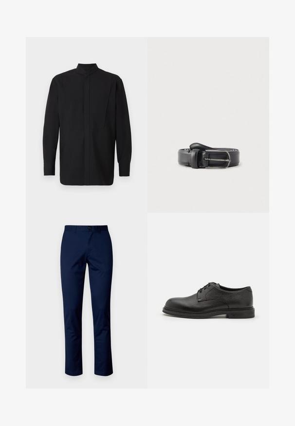 Chemise noire à manches longues avec un col montant, présentant une coupe droite et un design minimaliste. Le tissu semble lisse et structuré.; Pantalons en coton bleu marine avec une coupe droite, dotés d'une fermeture à bouton à l'avant, de passants de ceinture et de coutures propres. Texture lisse sans motifs.; Emporio Armani LACED SHOE - Derbies - nero; Ceinture en cuir noir à texture lisse, avec une boucle et un passant en métal argenté, conçue dans une forme classique et étroite.