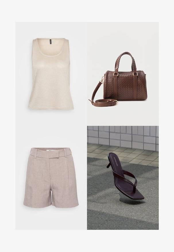 Lys beige udenærmet top med en rund halsudskæring, lavet af et blødt, glitrende materiale, der har en afslappet pasform og buet kant.; Lysegrå linnedshorts med en struktureret overflade, der har en flad front, bæltestropper og sidelommer. Skræddersyet pasform med knælængde.; Mørkebrune sandaler med hæl, firkantet tå og tynde stropper svævende over tekstureret fortov nær flisevæg.; Mørkebrun flettet læderhåndtaske med to fletninger som håndtag, gyldent metalbeslag og aftagelig skulderrem, der er snoet foran.