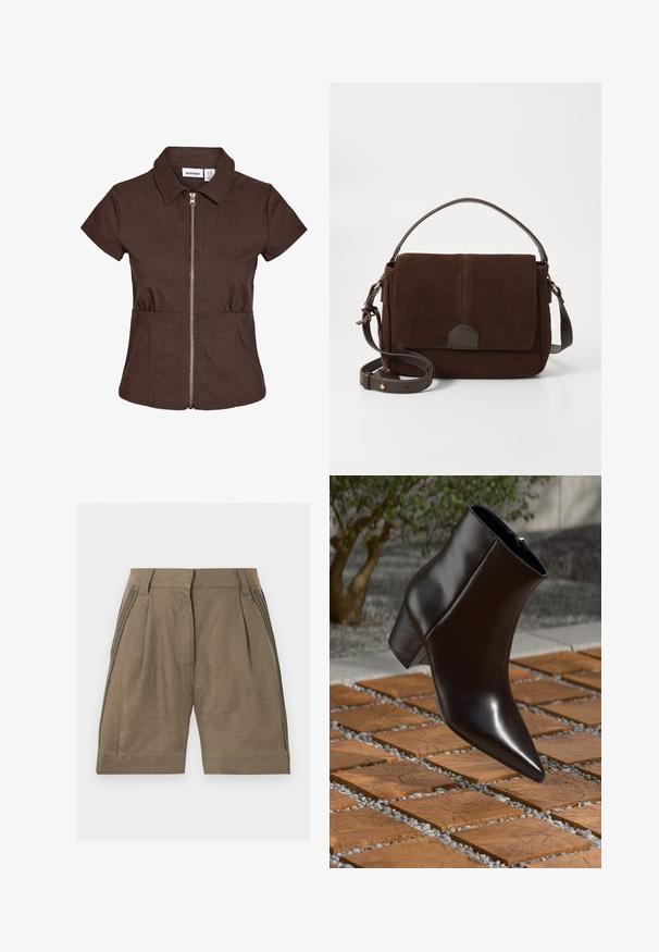 Bruin overhemd met korte mouwen, kraag en zilveren ritssluiting aan de voorkant, licht geplooide taille, van het merk Noisy May, getoond op witte achtergrond.; Bruine shorts met hoge taille, riemlussen, plooi en gevlochten details langs de zijnaden.; Zwarte leren enkelboot met een spitse neus, blokhak en een gladde textuur, gepositioneerd boven een houten en grindoppervlak.; Bruine suède schoudertas met een platte voorflap, bruine leren accenten, een verstelbare schouderriem en een minimalistisch ontwerp.
