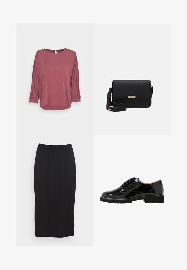 mine to five TOM TAILOR BLOUSE BATSLEEVE - Bluse - rouge red; Sort knælang nederdel lavet af blød, strækbar stof. Har en elastisk talje og en enkel, lige silhuet uden lommer.; Lave sorte patenterede lædersko med snørebånd, rund tå, brogue-detaljer, gummisål og en struktureret finish. Akkorderet med små øjer.; Sorte læder crossbody taske med flaplukning, guldfarvede Hardware, justerbar rem og tekstureret overflade. Kompakt rektangulær form.