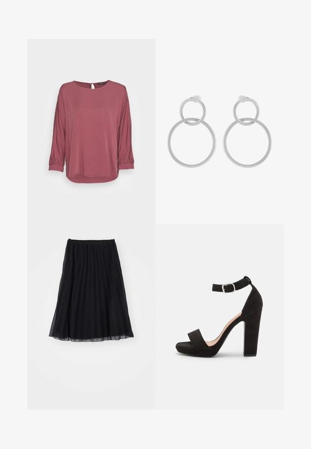 mine to five TOM TAILOR BLOUSE BATSLEEVE - Bluse - rouge red; Sort plissee nederdel lavet af gennemsigtig stof med elastisk talje. Flydende design, der strækker sig til midt på læggen og viser lodrette folder.; Anna Field Sandaler - black; Sølv metal øreringe med to sammenflettede cirkler, en større og en mindre, med børstet finish og push-back låse.