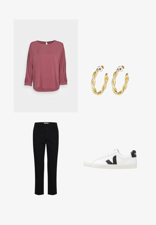 mine to five TOM TAILOR BLOUSE BATSLEEVE - Bluse - rouge red; Sorte bomuldsbukser designet med lige pasform. Har fem lommer og en frontknaplukning. Glat tekstur, minimale syninger.; Hvide sneakers med et sort V-logo, der har en glat læderoverdel, rund tå, snørrelukning og en kontrasterende sort hælflap.; Guld snoede hoops øreringe med en glat overflade, der har en transparent baggrund og hardware i guldtoner.