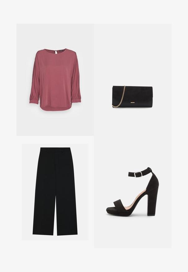 mine to five TOM TAILOR BLOUSE BATSLEEVE - Μπλούζα - rouge red; Φαρδιά μαύρα παντελόνια από λείο ύφασμα. Διαθέτουν επίπεδη μέση με θηλιές ζώνης και χωρίς ορατές τσέπες. Απλή σχεδίαση.; Anna Field by Zalando Σανδάλια - black; Μαύρη τσάντα clutch από σουέτ με υφή, που διαθέτει χρυσό λουρί και κομψό, γωνιακό σχέδιο.