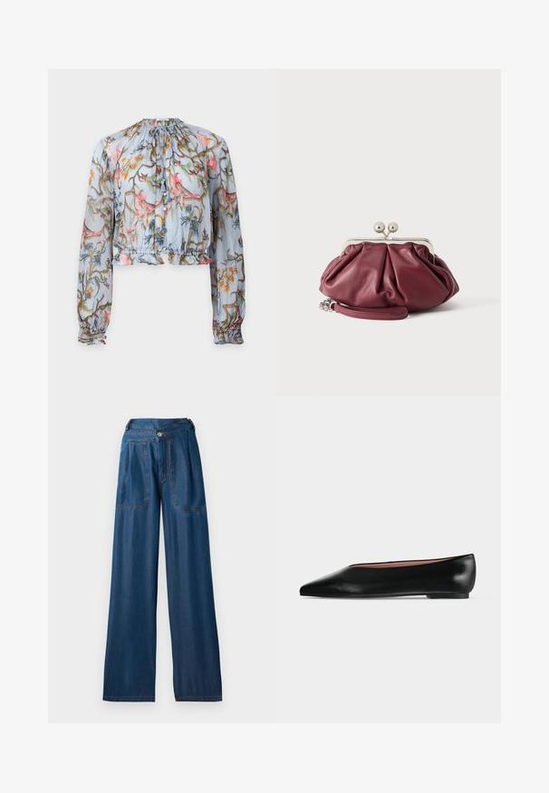 Blouse transparente à manches longues, base bleu clair, imprimé floral coloré, ourlet volanté, encolure froncée et lien à pompon au col.; Jean large de couleur bleu foncé en denim, avec deux poches avant, une fermeture à bouton et des détails de couture orange contrastants.; Chaussure plate en cuir noir pour femme, avec bout pointu et petit talon, vue de côté sur un fond gris clair uni.; Petite pochette en cuir bordeaux avec fermoir en métal argenté et bracelet pour poignet sur fond blanc.