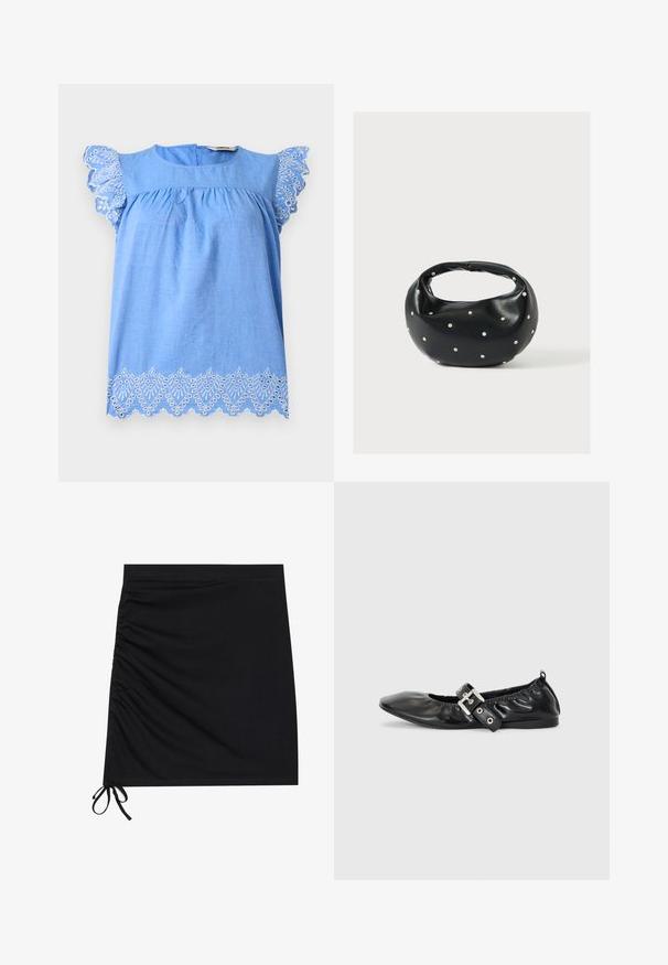 Lyseblå ærmeløs bluse med flæser med blonder ved ærmer og kant, med hvide broderede blomster.; Sort mini nederdel lavet af blødt stof, med sidelæg og snører ved kanten. Glat tekstur med en tætsiddende silhuet.; Sorte læder flade sko med spids tå, samling detaljer omkring åbningen, og en sølv spænde accent på den justerbare rem.; Sort læderhåndtaske med en rundet form, dekoreret med sølvnitter, og et kort håndtag. Glat tekstur og lynlåslukning.