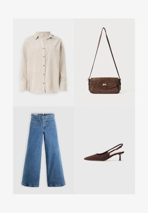 Camisa de manga larga color beige claro con un botón en el frente, corte relajado y tejido texturizado. Presenta un cuello clásico y botones visibles.; Jeans de pierna ancha de talle alto en azul, con bolsillos frontales de parche, trabillas para cinturón, cierre de botón y cremallera, sobre un fondo liso.; Zapatos de ante marrón tipo slingback con punta afilada y tacón delgado. Presentan una correa ajustable con una hebilla de metal.; Bolso de hombro de ante marrón con una larga correa ajustable y un cierre giratorio dorado en la solapa frontal.