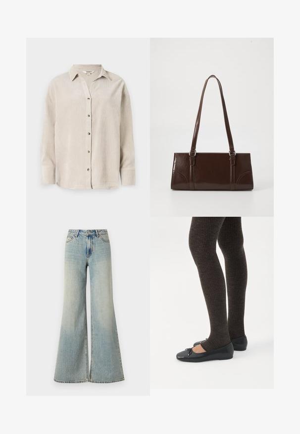 Lichtbeige overhemd met lange mouwen, knopen aan de voorkant, een ontspannen pasvorm en een textuurdoek. Heeft een klassieke kraag en zichtbare knopen.; Lichtblauwe wijde jeans met een hoge taille, featuring een vervaagde afwerking, zijzakken en een subtiele split aan de onderkant van de poten.; Benen met donkere geribbelde leggings gecombineerd met zwarte ballerina's met kleine strikdetails op een witte achtergrond.; Bruine lakleren handtas met een rechthoekige vorm, twee lange handvatten en subtiele gebogen accenten aan de voorkant.