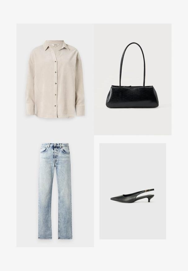 Helles beige Langarmhemd mit Knopfleiste, lockerer Passform und einer strukturierten Oberfläche. Verfügt über einen klassischen Kragen und sichtbare Knöpfe.; Hellblaue Denim-Jeans mit gerader Beinform. Merkmale sind fünf Taschen, Gürtelschlaufen und ein ausgefranster Saum am unteren Ende.; Schwarzer Slingback-Schuh mit spitzem Zehenbereich aus glattem Leder. Mit einem dünnen Absatz und einer dekorativen Schnalle am verstellbaren Riemen.; Schwarze rechteckige Schultertasche mit langen dünnen Trägern und einer glatten, glänzenden Textur auf einfarbigem Hintergrund.