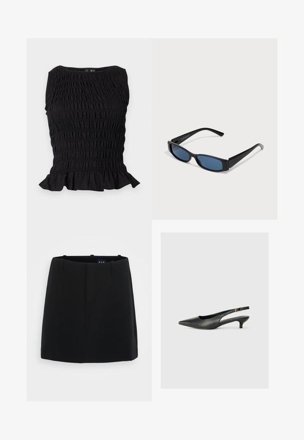 Haut noir sans manches avec texture élastique froncée, encolure bateau et ourlet à volants en bas.; Jupe noire avec une texture de tissu lisse, au design minimaliste, deux poches avant et une longueur mi-cuisse. Comprend des passants de ceinture à la taille.; Chaussure slingback noire à bout pointu en cuir lisse. Présente un talon fin et un détail de boucle sur la sangle réglable.; Lunettes de soleil noires avec une monture rectangulaire élégante et des verres bleus. Présente une texture lisse et des branches robustes. Logo de la marque sur le côté.
