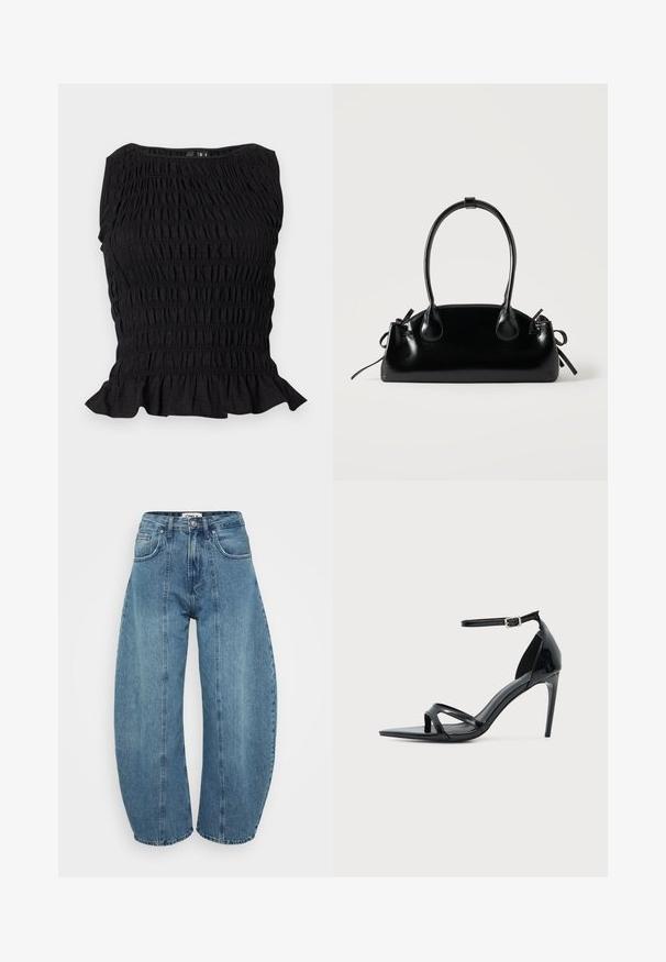 Schwarzes ärmelloses Oberteil mit geraffter elastischer Textur, Bootsausschnitt und gerafftem Saum am unteren Rand.; Helle blaue, hoch geschnittene Jeans aus Denim mit weitem Bein, fünf Taschen und Nähdetails. Glatte Textur mit sauberem Finish.; Schwarze Sandale aus Lackleder mit hohem Absatz, dünnem Knöchelriemen, offenem Zehenbereich und minimalistischem Design auf hellem, einfarbigem Hintergrund.; Kleine schwarze glänzende Handtasche mit zwei langen Griffen und seitlichen Kordelzug-Details vor einfachem hellem Hintergrund.