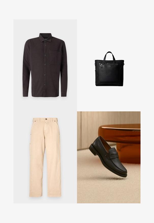 Chemise à manches longues marron foncé en coton, avec un col à boutons, une poche avant et des boutons noirs pour la fermeture.; Pantalon en coton beige avec une coupe droite, doté de poches latérales, de passants de ceinture et d'une fermeture à bouton à l'avant. Texture lisse, design minimaliste.; Mocassin homme en cuir noir avec une bande sur le dessus, présenté sur un tapis beige près d'une table ronde moderne marron.; Sac cabas noir avec doubles poignées, grande poche avant en cuir avec fermeture éclair et logo discret Calvin Klein au centre de la poche.