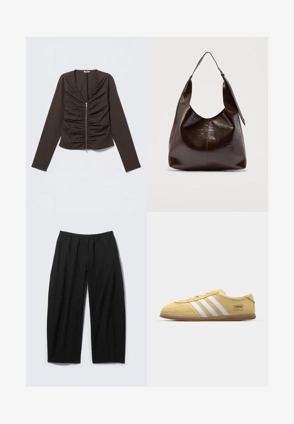 Bruine blouse met lange mouwen, een diepe V-hals, een voorzijde met plooitjes en een centrale ritssluiting in het midden. Gemaakt van glad, aansluitend materiaal.; Loze zwarte broek met elastische tailleband en rechte, brede pijpen, plat neergelegd op een lichte achtergrond.; adidas Originals GAZELLE LO PRO W - Sneakers laag - almost yellow/footwear white; Donkerbruine glanzende leren schoudertas met een enkele brede riem en gespsdetail aan één kant, tegen een effen lichte achtergrond.