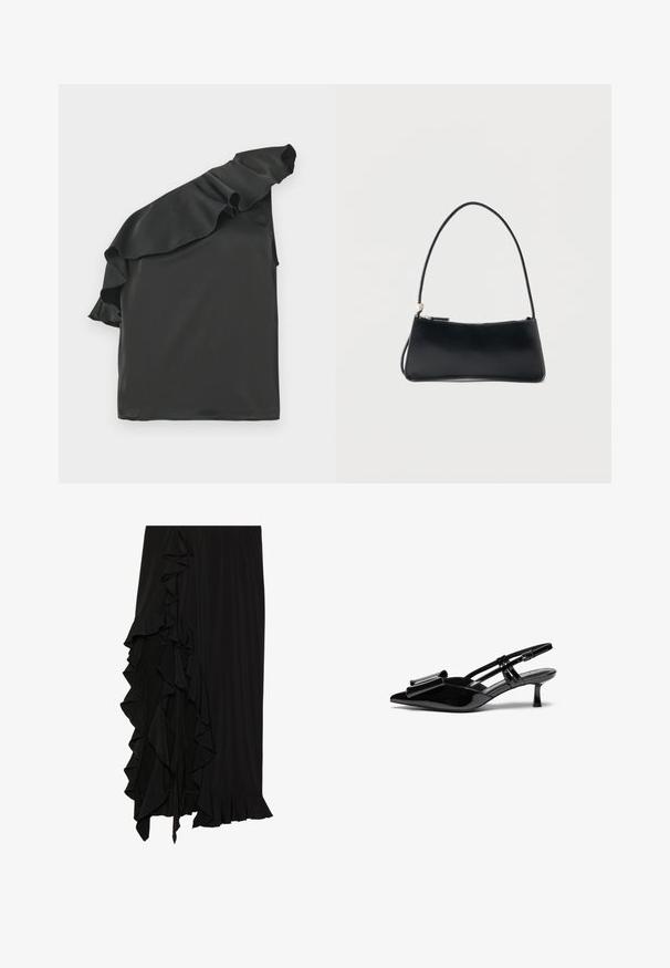 Haut en satin noir avec un design asymétrique à une épaule, agrémenté d'un accent froncé. Texture lisse, forme asymétrique et sans hardware visible.; Jupe noire en tissu doux avec un détail à volants sur le côté gauche et une finition à volants en bas, créant une silhouette fluide.; Talons aiguilles en cuir verni noir avec un bout pointu, un détail en nœud à l'avant et un petit talon stiletto. Les brides sont équipées de boucles ajustables.; Sac à main rectangulaire noir avec une fine bandoulière et fermeture éclair, présenté sur un fond blanc uni.