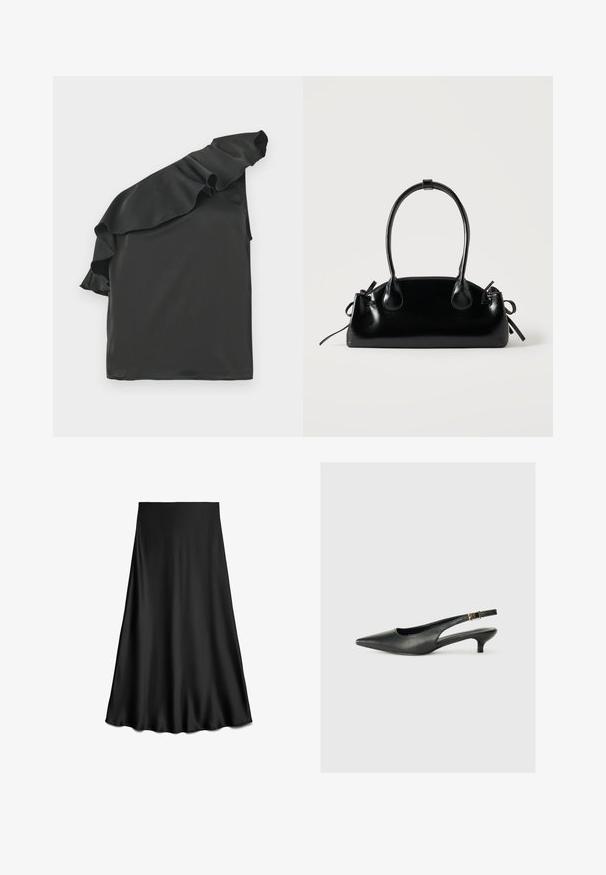 Zwart satijnen top met een enkele off-shoulder ontwerp en een ruchesaccent. Gladde textuur, asymmetrische vorm en geen zichtbare hardware.; Zwarte satijnen A-lijn rok met een gladde textuur en vloeiende zoom, knielengte, weergegeven op een witte achtergrond.; Zwarte puntschoen met slingback van soepel leer. Kenmerkt zich door een dunne hak en een gespdetail op de verstelbare band.; Kleine zwarte glanzende handtas met twee lange hengsels en zijkant trekkoord details op een effen lichte achtergrond.
