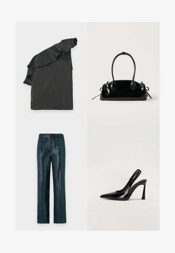 Haut en satin noir avec un design asymétrique à une épaule, agrémenté d'un accent froncé. Texture lisse, forme asymétrique et sans hardware visible.; Pantalons noirs ornés de motifs en sequins turquoise et argent, avec une coupe large et une taille élastique.; Escarpin en cuir verni noir à talon aiguille, à bout pointu, avec une sangle élastique double pour un maintien sécurisé. Surface lisse et brillante.; Petit sac à main noir brillant avec deux longues anses et des détails à cordon sur les côtés sur un fond clair uni.