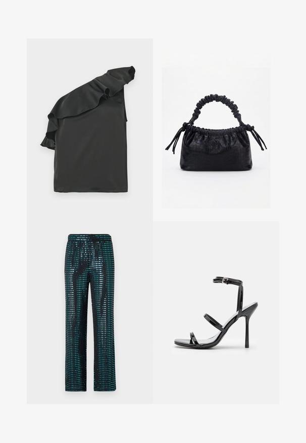 Haut en satin noir avec un design asymétrique à une épaule, agrémenté d'un accent froncé. Texture lisse, forme asymétrique et sans hardware visible.; Pantalons noirs ornés de motifs en sequins turquoise et argent, avec une coupe large et une taille élastique.; Sandales à talons hauts en cuir verni noir avec trois sangles horizontales et une sangle de cheville ajustable. Silhouette élégante et finition brillante.; Sac à main noir avec texture crocodile, bord supérieur froncé, poignée plissée et pompons à cordon de chaque côté sur fond blanc.