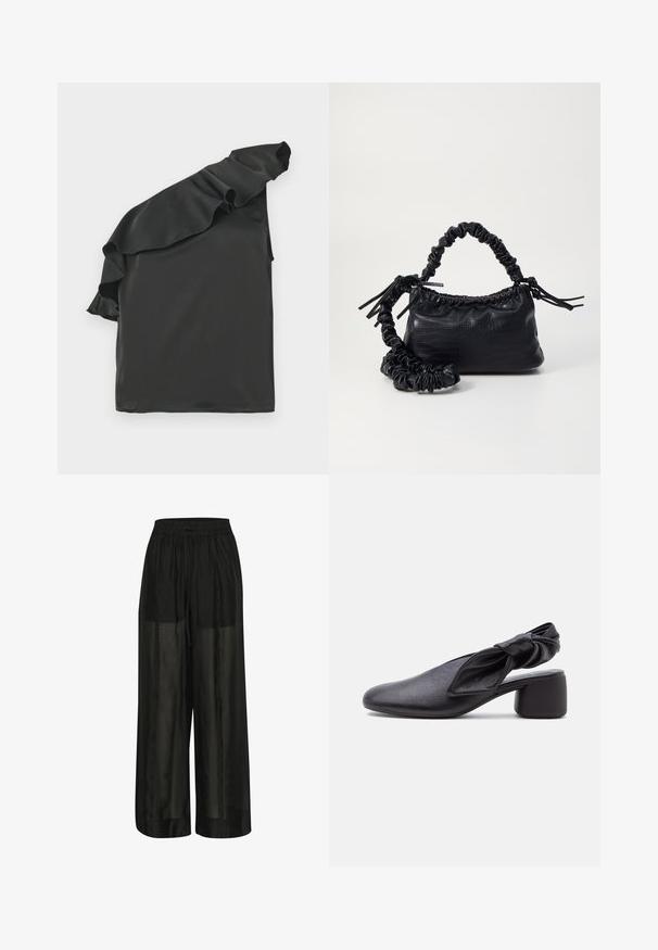 Schwarzes Satin-Oberteil mit einem einseitigen Schulterdesign und Rüschendetail. Glatte Textur, asymmetrische Form und keine sichtbaren Verschlüsse.; Schwarze weit geschnittene Hose aus transparentem Stoff, mit einem elastischen Bund und einem Kordelzug für eine verstellbare Passform und einer glatten Textur.; Schwarzer Leder-Slingback-Schuh mit abgerundeter Spitze, einem geknoteten Riemendetail und niedrigem Blockabsatz auf weißem Hintergrund.; Schwarze Handtasche aus Kunstleder mit Krokodilstruktur, gerafftem oberen Teil und einem geschoppten Tragegurt. Sie wirkt weich und kompakt im Design.
