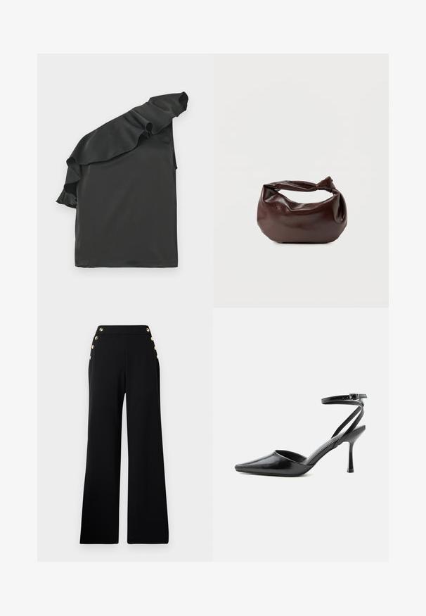 Top negro de satén con un diseño de un solo hombro y un acento con volantes. Textura suave, forma asimétrica y sin herrajes visibles.; Pantalones de pierna ancha de talle alto en negro con botones dorados en la parte delantera y bolsillos en ambas caderas sobre un fondo blanco.; Zapato de tacón alto negro de punta fina con delgadas correas en el tobillo y cierre de hebilla plateada sobre un fondo liso claro.; Bolso de hombro de cuero marrón oscuro con una forma suave y caída, y un asa con nudo torcido sobre un fondo blanco liso.