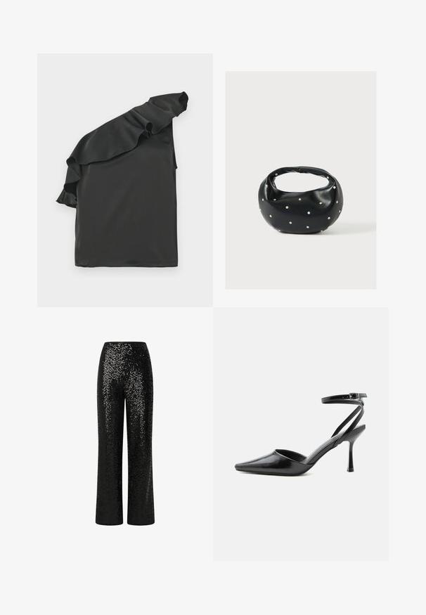 Zwart satijnen top met een enkele off-shoulder ontwerp en een ruchesaccent. Gladde textuur, asymmetrische vorm en geen zichtbare hardware.; Zwarte paillettentrousers met een recht model, voorzien van een gladde tailleband en reflecterende textuur, wat een schitterend effect creëert.; Zwarte pumps met puntige neus, dunne enkelbandjes en een zilveren gesp op een effen lichte achtergrond.; Zwarte leren handtas met een afgeronde vorm, versierd met zilveren studs, en een korte handgreep. Gladde textuur en ritsluiting.