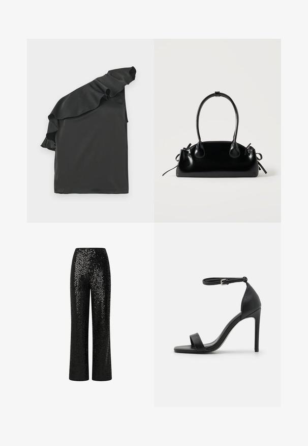 Zwart satijnen top met een enkele off-shoulder ontwerp en een ruchesaccent. Gladde textuur, asymmetrische vorm en geen zichtbare hardware.; Zwarte paillettentrousers met een recht model, voorzien van een gladde tailleband en reflecterende textuur, wat een schitterend effect creëert.; Zwarte sandalen met hoge hakken, met een slank ontwerp, voorzien van een enkelbandje, open teen en een gladde leren textuur.; Kleine zwarte glanzende handtas met twee lange hengsels en zijkant trekkoord details op een effen lichte achtergrond.