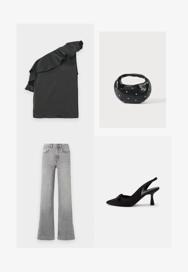 Zwart satijnen top met een enkele off-shoulder ontwerp en een ruchesaccent. Gladde textuur, asymmetrische vorm en geen zichtbare hardware.; Grijze denim flared jeans met een hoge taille, voorkruiszakken, riemlussen en een subtiele vervaagde afwerking, gepresenteerd op een witte achtergrond.; Zwarte slingback pumps met een spits toelopende neus, kleine strik aan de voorkant en een smalle hak, afgebeeld tegen een witte achtergrond.; Zwarte leren handtas met een afgeronde vorm, versierd met zilveren studs, en een korte handgreep. Gladde textuur en ritsluiting.