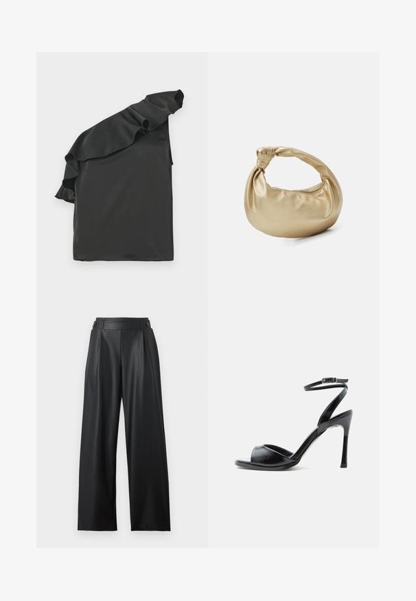 Zwart satijnen top met een enkele off-shoulder ontwerp en een ruchesaccent. Gladde textuur, asymmetrische vorm en geen zichtbare hardware.; Zwarte wijde nepleren broek met hoge taille, knoopdetails op de tailleband en plooien aan de voorkant.; Zwarte sandaal met hoge hak, open teen, smalle naaldhak en enkelbandje met gesp op een witte achtergrond.; Gouden metalen handtas met een gladde, glanzende textuur. Voorzien van een geknoopte handgreep en een ronde, zachte vorm. Ritsluiting aan de bovenkant.
