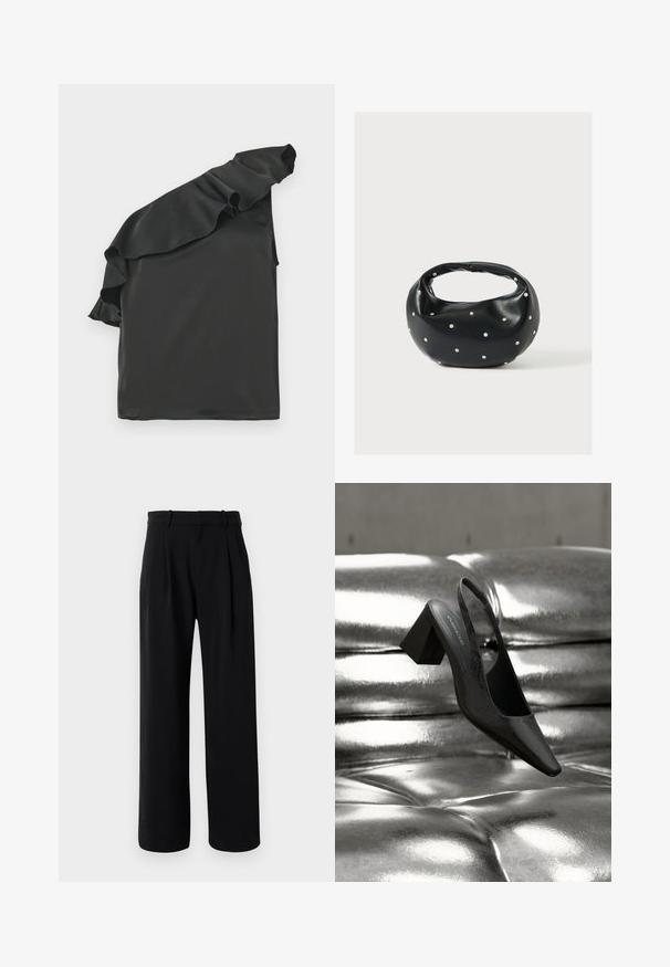 Schwarzes Satin-Oberteil mit einem einseitigen Schulterdesign und Rüschendetail. Glatte Textur, asymmetrische Form und keine sichtbaren Verschlüsse.; Schwarze, hochtaillierte, maßgeschneiderte Hose mit weitem Bein, Gürtelschlaufen und vorderen Falten auf weißem Hintergrund.; Schwarzer Slingback-Absatz mit spitz zulaufender Spitze, der eine strukturierte Oberfläche und einen massiven Blockabsatz aufweist. Auf einem glänzenden, metallischen Hintergrund platziert.; Schwarze Lederhandtasche mit abgerundeter Form, verziert mit silbernen Nietenakzenten und kurzem Griff. Glatte Struktur und Reißverschlussverschluss.