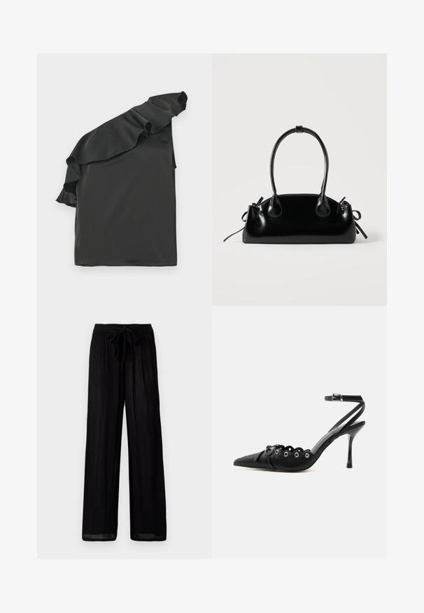 Top negro de satén con un diseño de un solo hombro y un acento con volantes. Textura suave, forma asimétrica y sin herrajes visibles.; Pantalones negros de pierna ancha con una tela texturizada, que presentan una cintura atada y un corte relajado. El dobladillo es ligeramente transparente con una silueta recta.; Zapato de tacón alto negro con punta fina, bordes ondulados, ojales metálicos, cordones delanteros y una correa en el tobillo con cierre de hebilla.; Pequeño bolso negro brillante con dos asas largas y detalles de cordón lateral sobre un fondo claro liso.