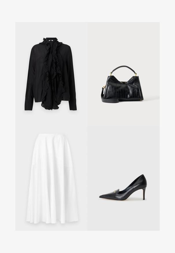 Zwarte blouse met lange mouwen, geplooide hoge kraag en grote geplooide strik aan de voorkant, gladde stof, nauwsluitende manchetten.; Lange witte rok met een hoge taille en een vloeiende, wijde uitlopende zoom, weergegeven tegen een effen achtergrond.; Zwarte leren pump met een spitse neus, lage vamp en een decoratieve gouden accent. Voorzien van een stilettohak en een gladde textuur.; Zwarte leren handtas met getextureerde verticale lijnen, korte handgreep, afneembare lange riem en goudkleurige hardware-accenten op een effen achtergrond.