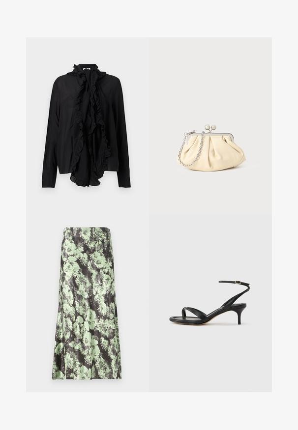 Zwarte blouse met lange mouwen, geplooide hoge kraag en grote geplooide strik aan de voorkant, gladde stof, nauwsluitende manchetten.; Bloemenrok met een zwarte basiskleur en lichtgroene bloemenpatronen. Materiaal lijkt glad met een licht glanzende textuur en een uitlopende vorm.; Zwarte leren dames sandaal met dunne bandjes, een teengreep, een enkelgesp en een stilettohak van gemiddelde hoogte op een neutrale achtergrond.; Geplooide beige leren clutch met een zilveren metalen frame, voorzien van twee ronde decoratieve sluitingen en een zilveren kettingriem.
