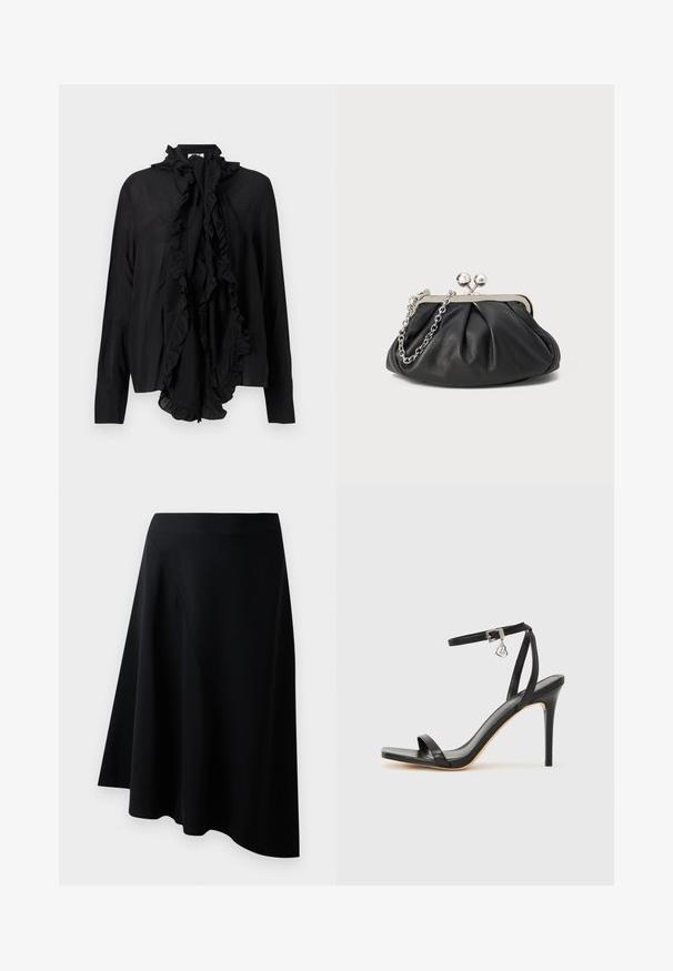 Zwarte blouse met lange mouwen, geplooide hoge kraag en grote geplooide strik aan de voorkant, gladde stof, nauwsluitende manchetten.; Zwarte A-lijn rok van soepel materiaal, met een diagonale naaddetail en een vloeiende uitstraling die subtiel valt bij de zoom.; Zwarte sandaal met hoge hak, smalle enkelband, vierkante neus, soepel leermateriaal en metalen gespsluiting.; Zwarte leren clutch met geplooide textuur, zilverkleurig metalen frame, drukknopsluiting en kettingriem. Glad, zacht oppervlak.