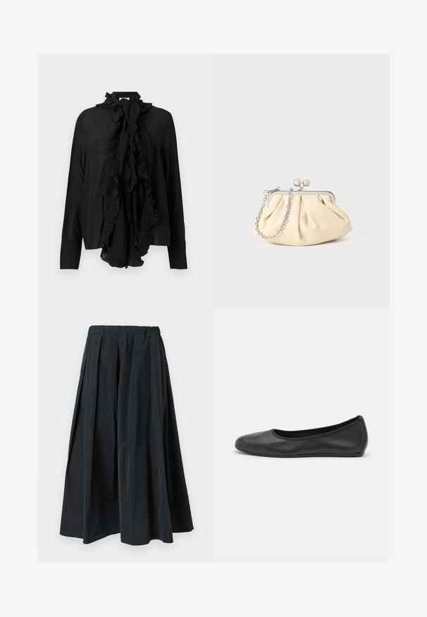 Blouse noire à manches longues avec col montant à volants et grand nœud à volants à l'avant, tissu lisse, poignets ajustés.; Pantalon noir à jambes larges plissé avec une ceinture élastique, fabriqué en tissu léger, suspendu sur un fond blanc uni.; Ballerines en cuir noir avec un bout rond, texture lisse, détails de couture minimalistes et design de semelle flexible.; Pochette en cuir beige plissé avec un cadre en métal argenté, dotée de deux fermoirs ronds décoratifs et d'une chaîne en argent.