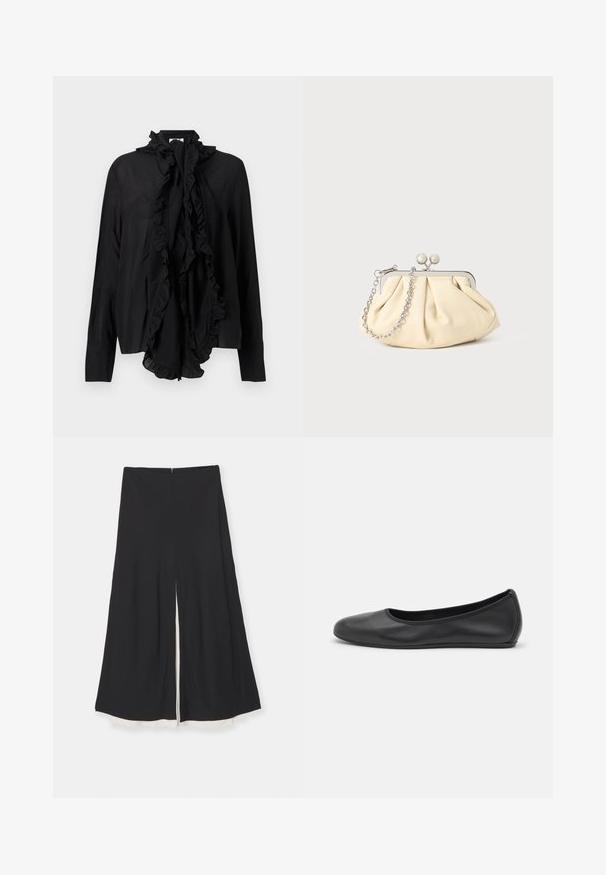 Blouse noire à manches longues avec col montant à volants et grand nœud à volants à l'avant, tissu lisse, poignets ajustés.; Pantalon noir à jambes larges avec une fente devant, présentant une texture lisse et une doublure blanche contrastante au niveau de l'ourlet. Fermeture zippée au dos.; Ballerines en cuir noir avec un bout rond, texture lisse, détails de couture minimalistes et design de semelle flexible.; Pochette en cuir beige plissé avec un cadre en métal argenté, dotée de deux fermoirs ronds décoratifs et d'une chaîne en argent.