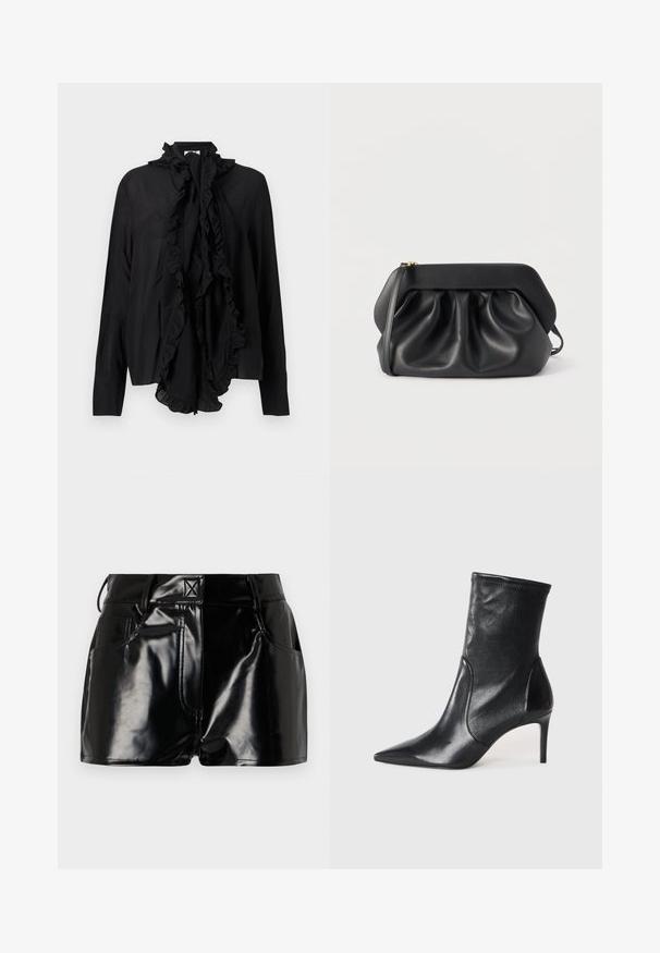 Blusa negra de manga larga con cuello alto con volantes y gran detalle delantero de lazo con volantes, tela lisa, puños entallados.; Shorts negros y brillantes de material sintético. Presentan una cintura ajustada, trabillas para el cinturón y bolsillos frontales con detalles de costura prominentes.; Botas negras hasta el tobillo hechas de cuero suave, con punta afilada, caña ajustada y tacón alto delgado. Diseño minimalista sin herrajes visibles.; Bolso de mano de cuero negro con estructura rígida, detalles fruncidos y una correa delgada para la muñeca sobre un fondo blanco.