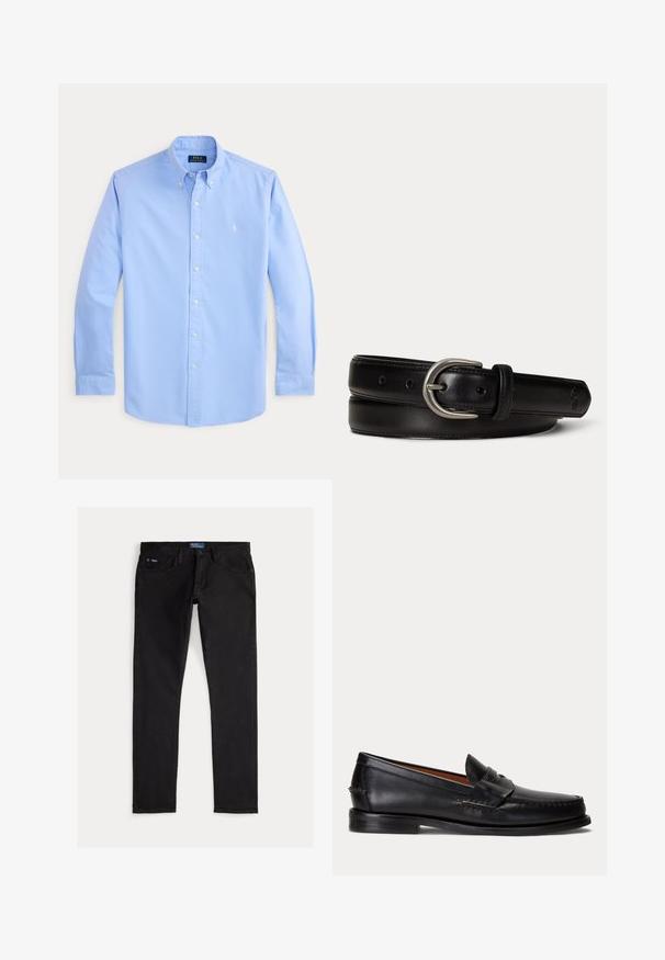 Chemise bleu clair à manches longues avec boutons, col et petit logo Polo Ralph Lauren blanc brodé sur la poitrine gauche.; Jean en denim noir à coupe slim, doté de cinq poches, passants de ceinture, et d'une étiquette de marque bleue sur la ceinture. Tissu lisse et durable.; Mocassin en cuir noir avec un petit talon et une bride penny, vu de côté sur un fond gris clair.; Ceinture en cuir noir avec boucle ovale argentée, bords cousus et petit logo embossé près de la pointe effilée, posée enroulée sur un fond blanc.