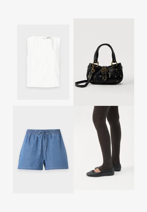 Haut sans manches blanc avec un col rond, des coutures verticales décoratives et des côtés en tissu froncé, posé à plat sur un fond clair.; Short en denim bleu avec fines rayures verticales, taille élastique et cordon de serrage à l’avant.; Jambes portant des leggings côtelés foncés associés à des ballerines noires avec de petits détails en nœud sur fond blanc.; Sac à main en cuir noir avec boucle dorée et détails à rivets, poignées courtes et bandoulière réglable sur fond blanc uni.