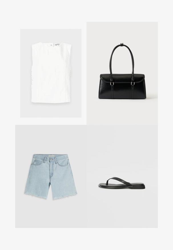 Top blanco sin mangas con cuello redondo, detalle de costura vertical y lados de tela fruncida, colocado plano sobre un fondo claro.; Pantalones cortos de mezclilla azul claro con dobladillo deshilachado, cuatro bolsillos y cremallera; presentan un sutil desgastado y herrajes de tono plateado.; Chancla negra de piel suave, con un diseño de tira delgada y una suela plana de perfil mínimo. Sin patrones ni acentos notables.; Bolso rectangular de cuero negro con cierre de solapa y dos asas largas sobre un fondo blanco liso.