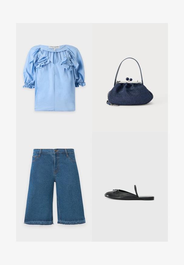 Hellblaue Bluse mit Rüschen-Details auf der Brust und dreiviertel Puffärmeln mit elastischen Bündchen, Marke Stine Goya.; Blaue Jeansshorts bis zum Knie mit ausgefransten Säumen, vorderem Knopf und Taschen auf einem schlichten weißen Hintergrund.; Schwarzer Leder-Slip-On-Schuh mit einer abgerundeten Zehe, seitlichen Ausschnitten und einem dünnen Riemen an der Ferse. Glatte Textur mit minimalistischem Design.; Marineblaue Handtasche aus gewebtem Stoff mit rundem Verschluss, kurzem Griff und silbernem Kettendetail vor schlichter hellem Hintergrund.