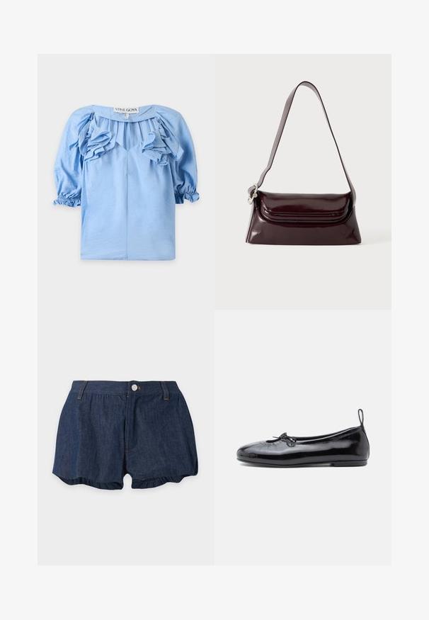Blouse bleu clair avec détails volantés sur la poitrine et manches bouffantes trois-quarts avec poignets élastiques, marque Stine Goya.; Short en jean bleu foncé avec fermeture à bouton et zip, passants pour ceinture et léger détail froncé aux ourlets des jambes sur fond uni.; Ballerine en cuir verni noir avec un bout rond, un petit nœud décoratif et une texture lisse ; présente une semelle plate basse et une languette au talon.; Sac à bandoulière en cuir bordeaux foncé avec fermeture à rabat et une fine sangle réglable, présenté sur un fond clair uni.