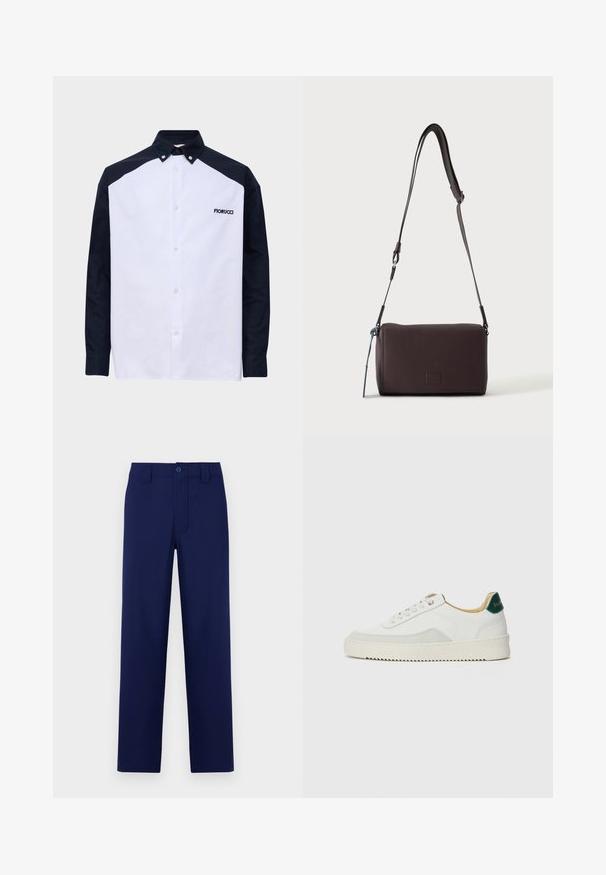 Camisa de botones de manga larga con panel delantero blanco, mangas y hombros negros, cuello con botones y logo "Fiorucci" en el pecho.; Pantalones azul marino con botón y cremallera, corte recto, parte delantera lisa y bolsillos laterales; fabricados en una tela suave y ligera.; Zapatilla blanca con acentos de ante, puntera redondeada, cordones planos y suela de goma color crema. Presenta un logo verde en el talón.; Bolso bandolera de cuero marrón oscuro con textura, correa ajustable y pequeño adorno decorativo azul en el lateral.