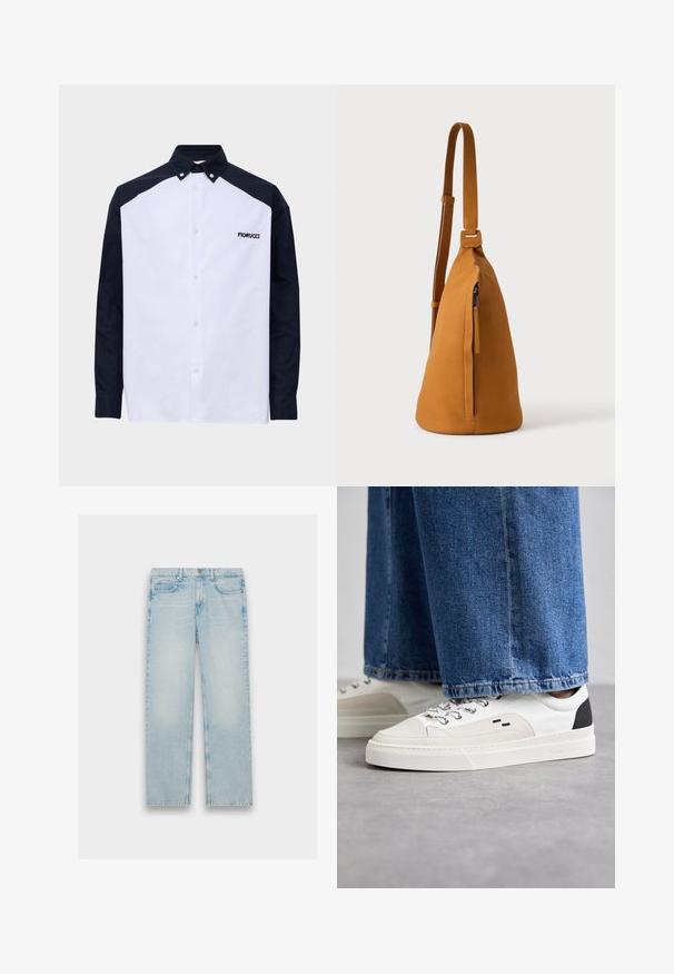 Langarm-Hemd mit weißer Vorderseite, schwarzen Ärmeln und Schultern, Knopfkraagen und "Fiorucci"-Logo auf der Brust.; Hellblaue Jeans aus Denim mit geradem Bein, fünf Taschen und einem verwaschenen Finish. Metallbeschläge und gestickte Details sind sichtbar.; Weiße und schwarze Sneaker mit einem Obermaterial aus glattem Leder, strukturierten Akzenten und einer massiven weißen Sohle. Verfügt über ein klassisches Schnürdesign.; Hellbraune Leder-Umhängetasche mit verstellbarem Trageriemen und vertikaler Reißverschlusstasche, von der Seite vor hellem, einfarbigem Hintergrund gezeigt.