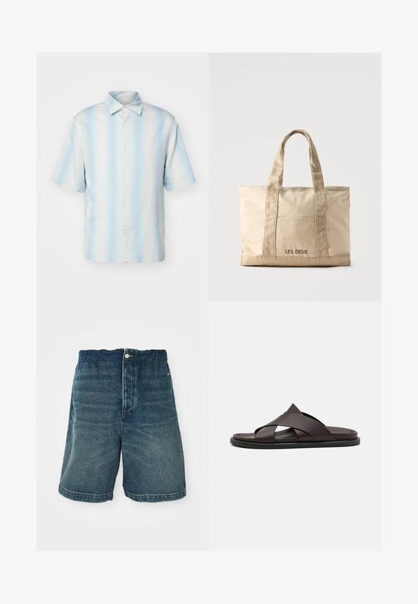 sandro Skjorter - bleu; Mørkeblå denim shorts med løs pasform, der har en knaplukning og synlig syning langs kanten og lommerne.; Stuart Weitzman BERKLEY - Slip-on sandaler - espresso; Beige lærredstaske med to håndtag og en forlommer, "LES DEUX" broderet på lommen.