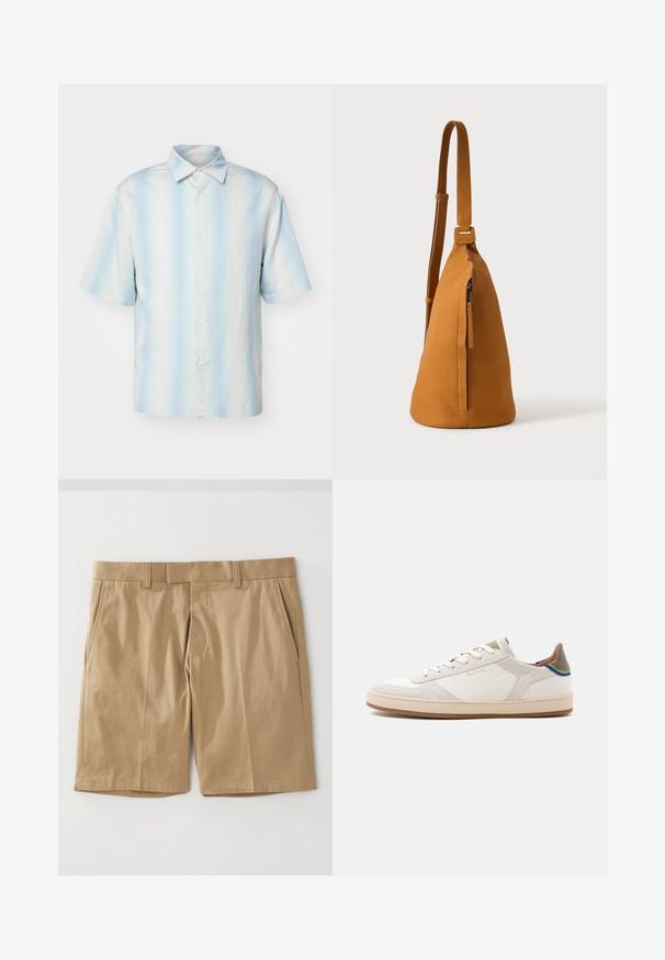 sandro Chemise - bleu; Shorts kaki avec une texture lisse et tissée, dotés de deux poches latérales et d'une coupe droite, conçus avec une taille plate et des passants de ceinture.; Baskets basses blanches avec semelle beige, lacets à l’avant, détail vert et bleu sur le talon, et discret logo doré "Paul Smith" sur le côté.; Sac besace en cuir couleur fauve avec sangle réglable et poche verticale zippée, présenté de profil sur un fond clair uni.