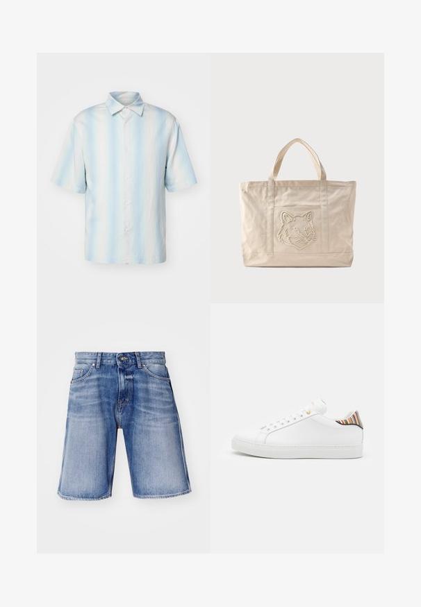 sandro Vapaa-ajan kauluspaita - bleu; Vaaleansiniset farkkushortsit, joissa on haalistuneita alueita, nappisuljenta, kaksi etutaskua ja erottuva tikkaus saumoissa.; Valkoinen nahkakengät, joissa on sileä pinta, värikkäällä raidallisella yksityiskohdalla kannassa, kultaisella nyörilenkillä ja litteällä valkoisella pohjalla.; Beige kangaskassi, jossa on kaksoiskahvat ja etutaskun kohokuvioitu susipääkuvio.