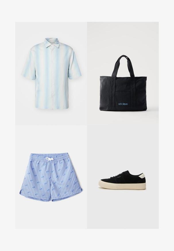sandro Chemise - bleu; Maillots de bain bleu clair avec des rayures verticales blanches et de petits logos bleus. Comprend une taille élastique avec un cordon de serrage blanc et des fentes latérales.; Baskets en suède noir avec une épaisse semelle en caoutchouc beige, bout rond et lacets noirs. Présente un accent blanc au niveau du talon. Design simple et classique.; Sac cabas en toile noire avec deux anses, poche avant et "LES DEUX" brodé en bleu sur la poche avant.