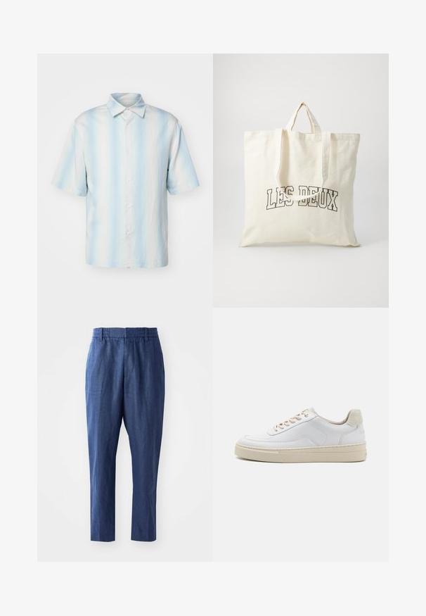 sandro Skjorter - bleu; Marineblå linnedragt med afslappet pasform, elastisk talje og tapered ben. Har en glat tekstur og minimale syninger.; Hvide sneakers med en glat læderoverdel, beige snørebånd og en tekstureret beige ruskindsheel-tab. Hævet sål for ekstra højde.; Canvas tote bag i off-white, med korte håndtag og teksten "LES DEUX" trykt i fede sorte bogstaver. Holdbart, simpelt design.